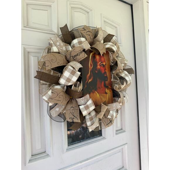 Everyay Year Round Neutral Color Jesus Mesh Ribbon Wreath Front Door Hanger - Picture 7 of 9